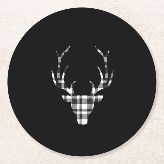 Black Plaid Check Deer Christmas Runder Pappuntersetzer (Vorderseite)