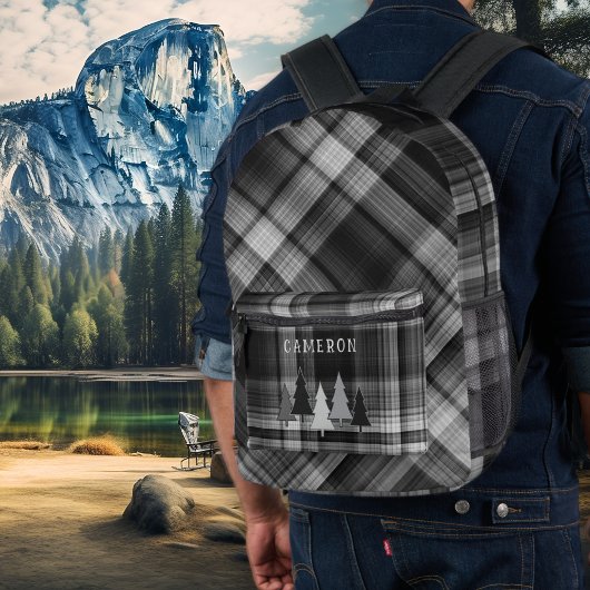 Black Plaid Pine Forest Backpack Bedruckter Rucksack