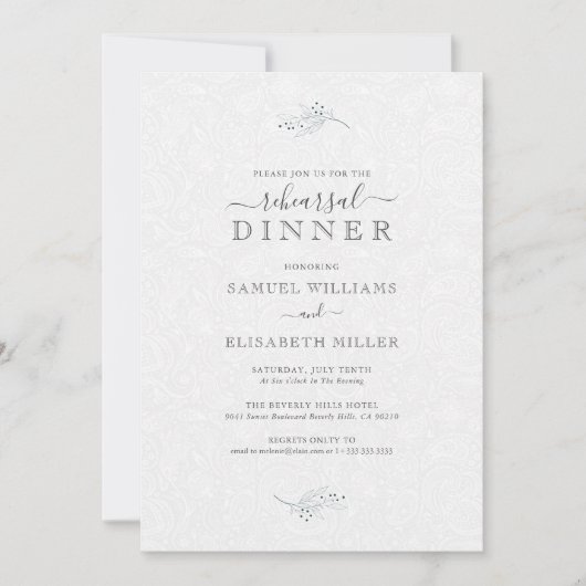 Black Plush White Paisley Minimal Probe Abendessen Einladung (Vorderseite)