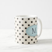 Black Polka Dots auf Ivory Blue Oval Mit Monogramm Kaffeetasse (VorderseiteRechts)