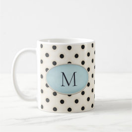 Black Polka Dots auf Ivory Blue Oval Mit Monogramm Kaffeetasse