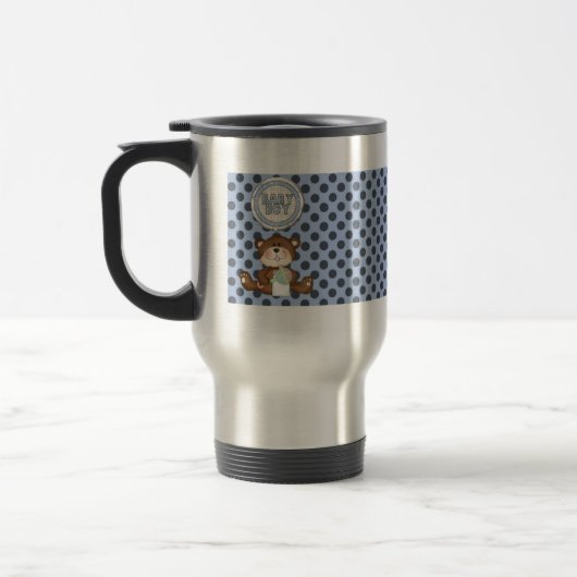 Black Polka Dots on Blue mit Teddy Bear Reisebecher (Links)