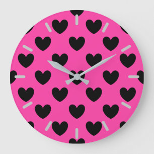Black polka hearts on fuchsia pink große wanduhr