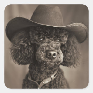 Black Poodle als Cowboy Halloween-Kostüm verkleide Quadratischer Aufkleber