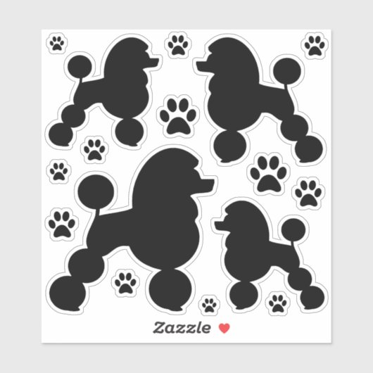 Black Poodle Dog und Paw Print Silhouette Aufkleber (Blatt)
