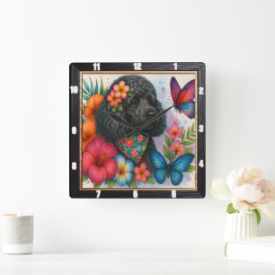 Black Poodle Floral Butterfly Art Quadratische Wanduhr