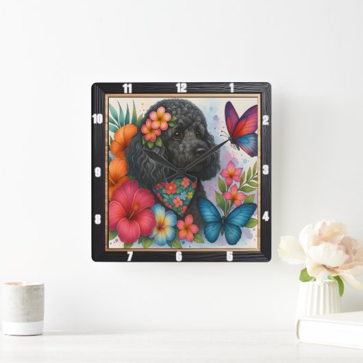 Black Poodle Floral Butterfly Art Quadratische Wanduhr (Zuhause)