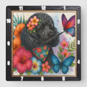 Black Poodle Floral Butterfly Art Quadratische Wanduhr (Vorderseite)