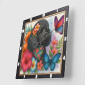 Black Poodle Floral Butterfly Art Quadratische Wanduhr (Winkel)