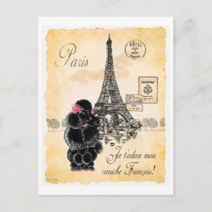 Black Poodle French Paris Eiffelturm Vintag Postkarte
