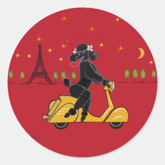 Black Poodle in Paris auf Scooter Runder Aufkleber (Vorderseite)