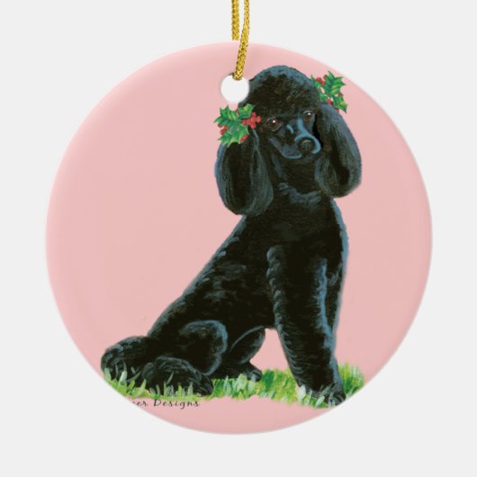 Black Poodle n Holly Christmas Tree Keramikornament (Vorne)