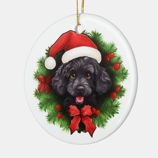 Black Poodle Weihnachtskranz Keramik Ornament (Links)