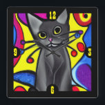 Black Pop Art Cat Quadratische Wanduhr<br><div class="desc">Spaß und bunte Wanduhr,  mit Cartoon wie Grafik eines Pop Art Black Cat. Eine tolle Geschenkidee für jeden Katzenliebhaber.</div>