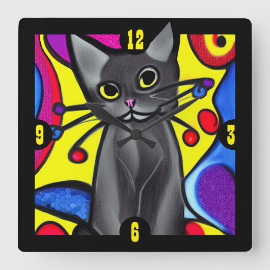 Black Pop Art Cat Quadratische Wanduhr (Vorderseite)