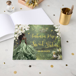 Black Princess and Frog Sage Green Dress Sweet 16  Gästebuch