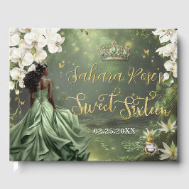 Black Princess and Frog Sage Green Dress Sweet 16 Gästebuch