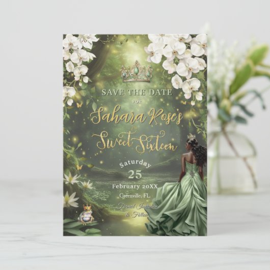 Black Princess and Frog Sage Green Dress Sweet 16 Save The Date (Stehend Vorderseite)