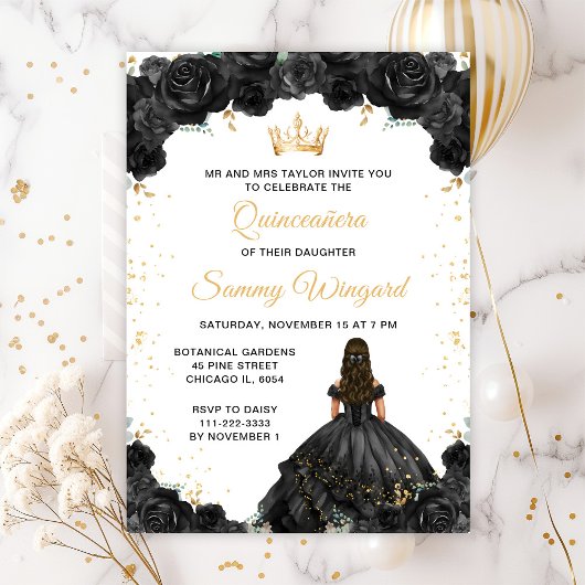 Black Princess Floral Quinceañera Einladung
