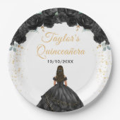 Black Princess Floral Quinceañera Pappteller (Vorderseite)