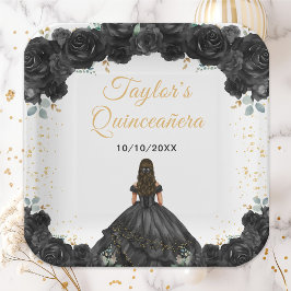 Black Princess Floral Quinceañera Pappteller