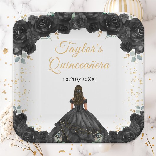 Black Princess Floral Quinceañera Pappteller