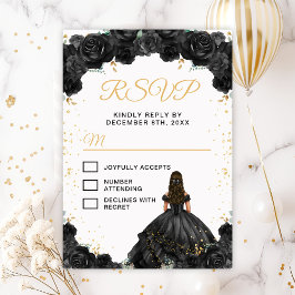 Black Princess Floral Quinceañera RSVP Karte