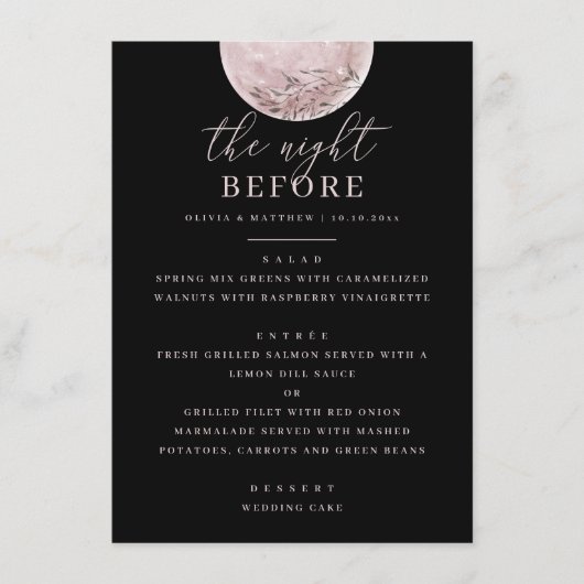 Black Probe Dinner | Weichrosa Blush Moon Menükarte (Vorderseite)