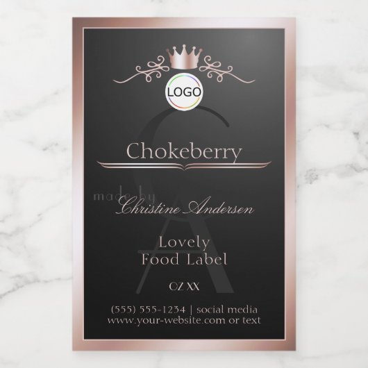 Black Product Label Rose Gold Frame Logo Monogram Lebensmitteletikett (Einzelnes Label)