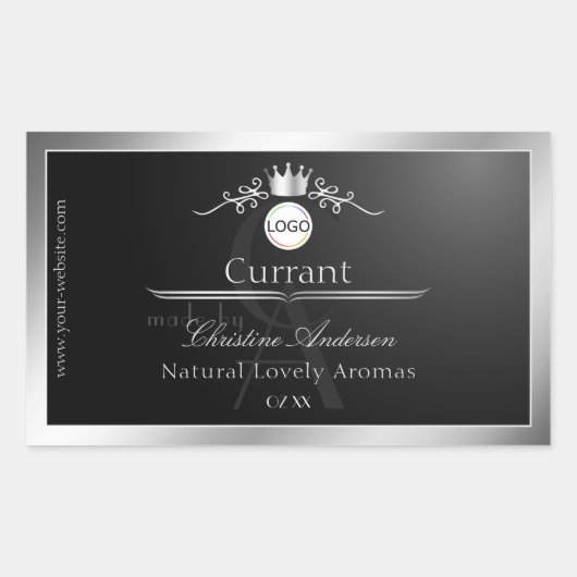 Black Product Label Silver Frame Logo and Monogram Rechteckiger Aufkleber (Vorderseite)