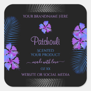 Black Product Labels Tropical Lila Blue Flowers Quadratischer Aufkleber