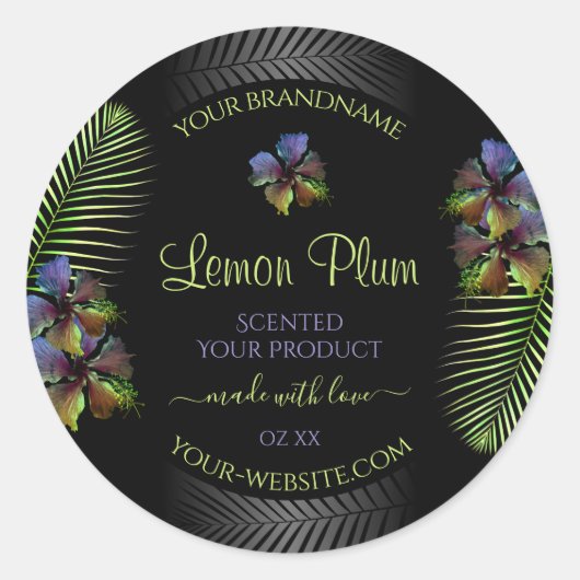 Black Product Labels Yellow Lila Hawaii Blume Runder Aufkleber (Vorderseite)