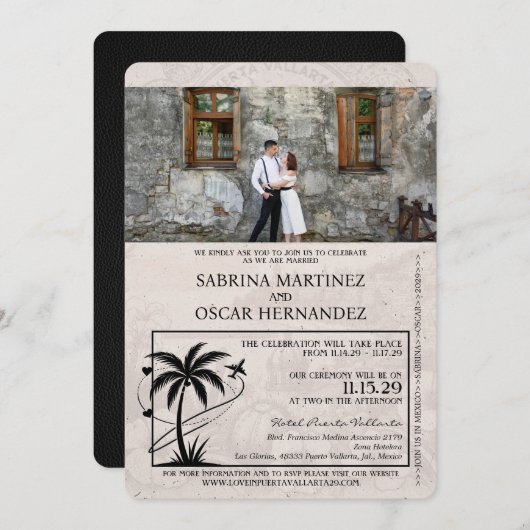 Black Puerta Vallarta Passport Wedding Einladung (Vorne/Hinten)