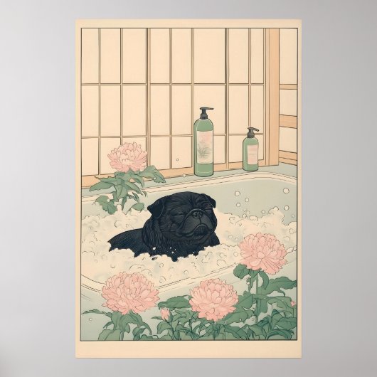 Black Pug Bathroom Print Kawaii Japandi Ukiyo-e Poster (Vorne)