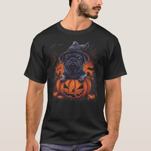 Black Pug Dog Pumpkin Halloween Thanksgiving Men W T-Shirt (Vorderseite)