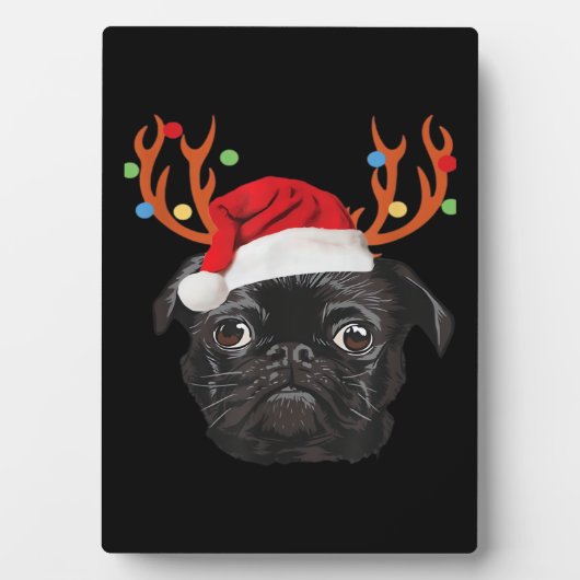 Black Pug Santa Christmas Reindeer Christmas Light Fotoplatte (Vorderseite)