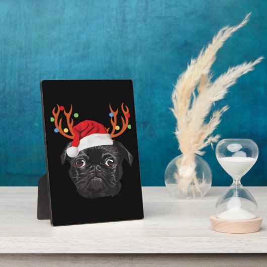 Black Pug Santa Christmas Reindeer Christmas Light Fotoplatte (Seite)