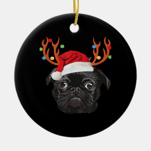 Black Pug Santa Christmas Reindeer Christmas Light Keramik Ornament (Vorne)