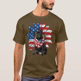 Black Pug Sunflower American Flag Independence Day T-Shirt