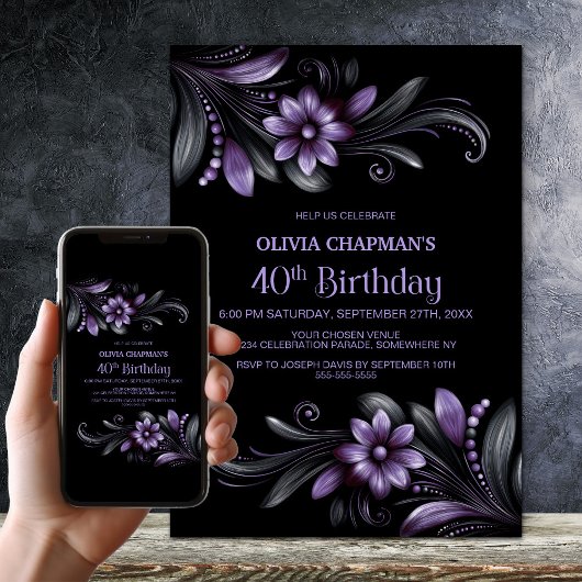 Black Purple Floral 40th Birthday Party Einladung