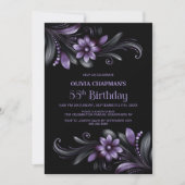 Black Purple Floral 55th Birthday Party Einladung (Vorderseite)