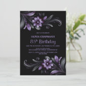 Black Purple Floral 85th Birthday Party Einladung (Stehend Vorderseite)