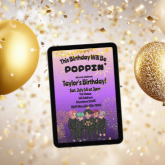 Black Purple Gold KPOP Boys Poppin' Birthday Einladung