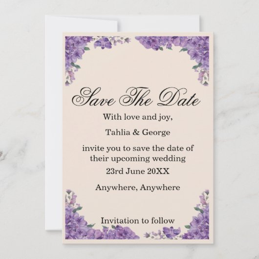 Black & Purple Jacaranda Flowers Save the Date Einladung (Vorderseite)