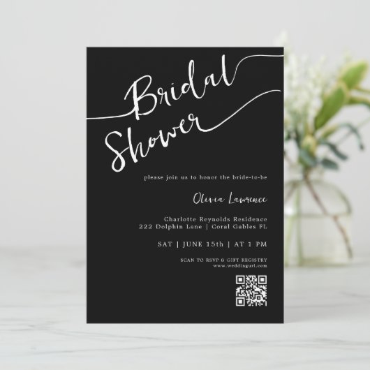 Black QR Code Bridal Dusche Einladung (Stehend Vorderseite)