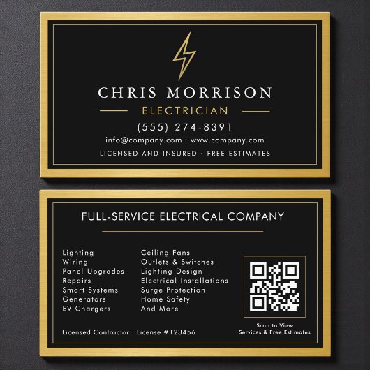 Black QR Code Electrician Electrical Contractor Visitenkarte