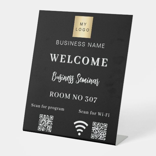 Black QR-Code Firmenlogo Seminarraum WiFi Sockelschild (Vorderseite)