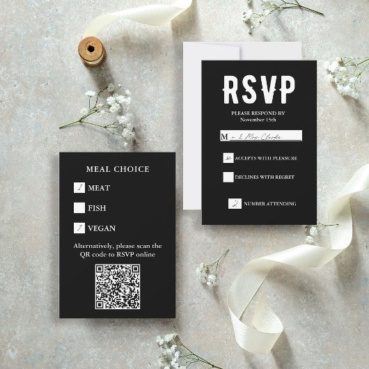 Black QR Code Meal Choice Wedding  RSVP Karte