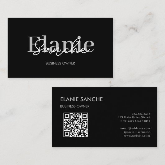 Black QR Code Trendy Elegant Moderne Visitenkarte (Vorne/Hinten)