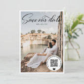 Black QR Code Wedding Website Foto Save the Date (Stehend Vorderseite)